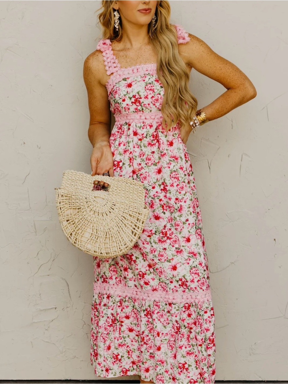 Floral Pink Maxi Dress with Crochet Straps